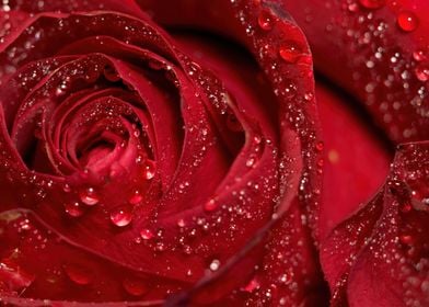 Dark red rose dew drops