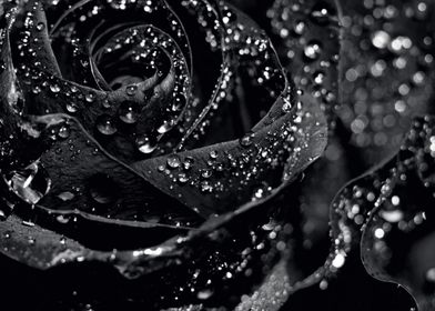 Black rose in water drops