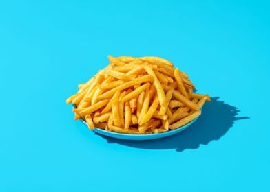 French fries on blue table