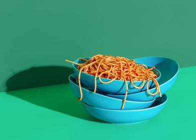 Pasta dish in blue plates