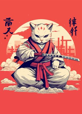 Funny Japanese Cat samurai