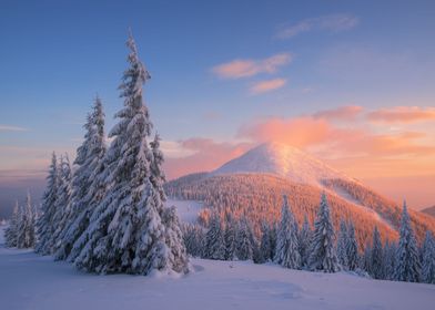 Sunset on snowy mountain