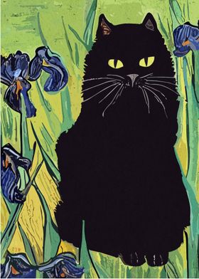 Irises and Black Cat