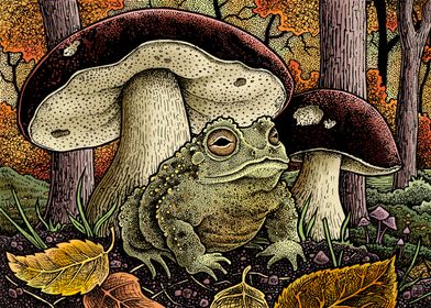 Toad under mushrooms