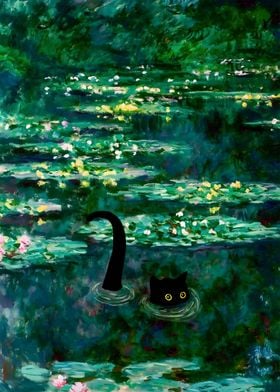 Black Cat in Green Pond