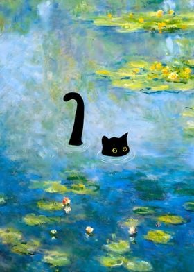 Black Cat in Summer Pond