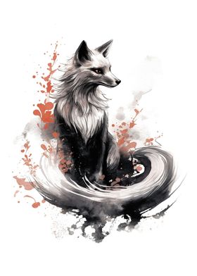 Kitsune Fox Mask Ink Wash