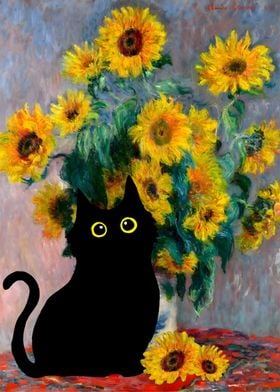 Black Cat with Sunflowers