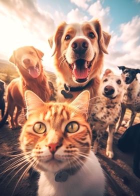 cat selfie with dogs