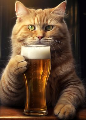 Funny Cute Cat Drinks Beer