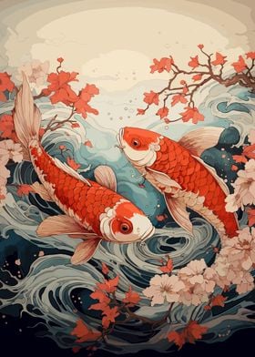 Japanese Koi Carp Art Print Poster Ukiyo-e Style Wall Samurai