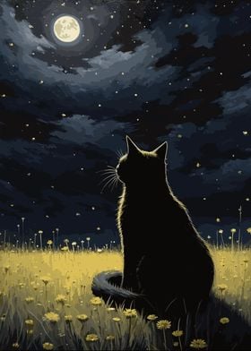 cat moon night landscape 