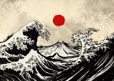 Sumi e Hokusai art wave