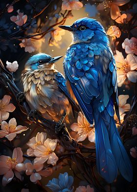 Blue Birds in Flowers