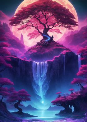 waterfall tree japan neon