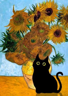 Cat with Sunflowers
