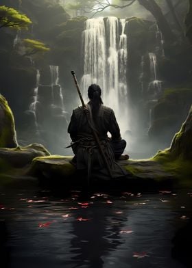Samurai meditates peaceful