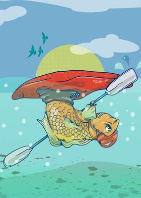 Fish paddling a kayak