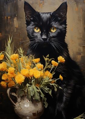 Black Cat and Flowers
