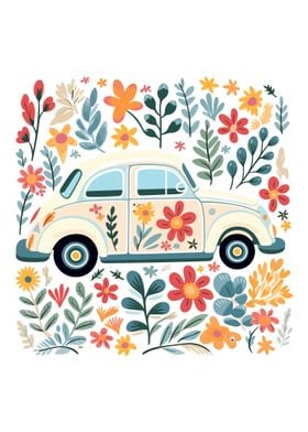 white retro car and floral