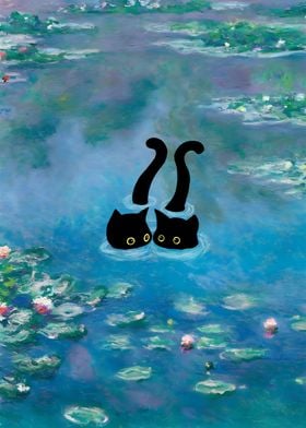 Cat in Waterlilies Monet