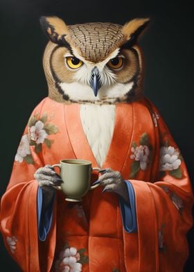 an owl in floral kimono