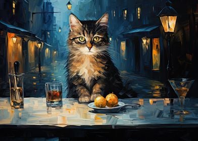 Funny Cat at Cafe at Night