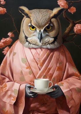 owl in kimono with coffee