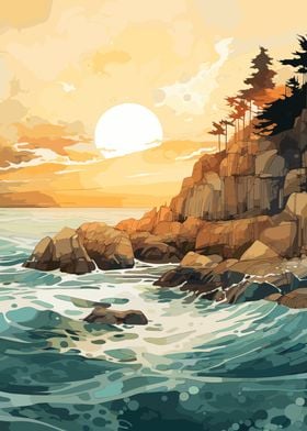 Wavy Ocean Rocks Sunset