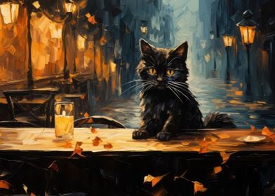 Black Cat at Cafe at Night