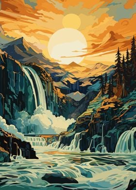 Mountain Waterfall Sunset