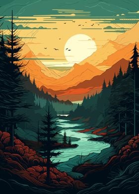 Calm Forest River Sunset