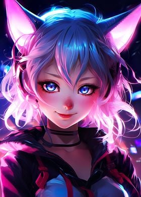 smile Catgirl Neon Anime 