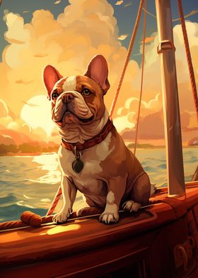 A bull dog sailing a yacht