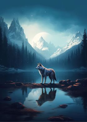 lonely wolf in a lake