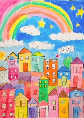 Rainbow City Kid Drawing