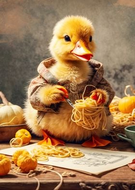 Duckling playing noodles