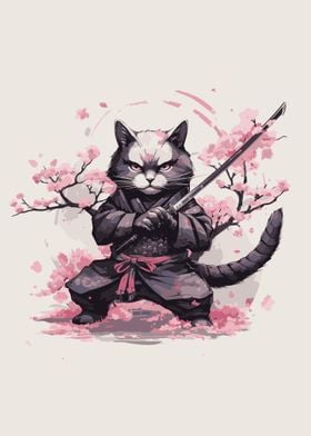 cat samurai cherry blossom