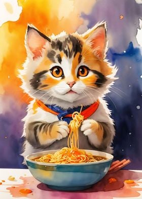 cute kitten eating noodles