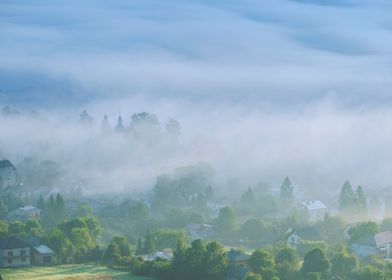 Foggy sunrise in mountains