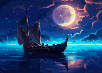 Boat beach moon landscape