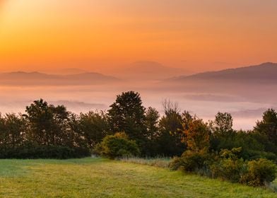 Misty sunrise in mountains