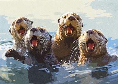 Playful group of otters