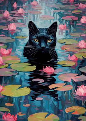 Black Cat in Waterlilies