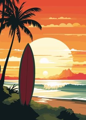 Surfboard Beach Sunset Art