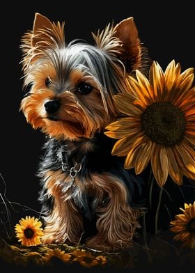 Puppy and Sunflowers