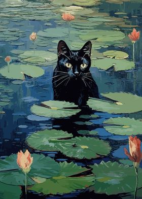 Black Cat in Waterlilies