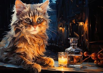 Cat and Cafe at Night