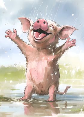 Pig is dancing in the rain
