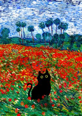 Van Gogh Cat Poppy Field